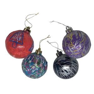 Four Christmas Ball Ornaments Hand Painted Plastic Red Black Blue Purple Hangers